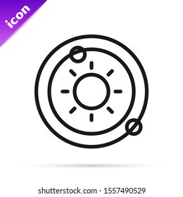 Black line Solar system icon isolated on white background. The planets revolve around the star.  Vector Illustration