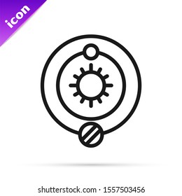 Black line Solar system icon isolated on white background. The planets revolve around the star.  Vector Illustration