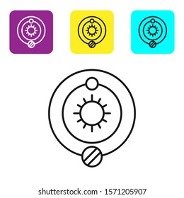 Black line Solar system icon isolated on white background. The planets revolve around the star. Set icons colorful square buttons. Vector Illustration
