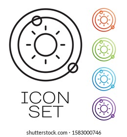 Black line Solar system icon isolated on white background. The planets revolve around the star. Set icons colorful. Vector Illustration