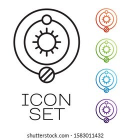 Black line Solar system icon isolated on white background. The planets revolve around the star. Set icons colorful. Vector Illustration