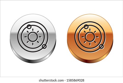 Black line Solar system icon isolated on white background. The planets revolve around the star. Silver-gold circle button. Vector Illustration