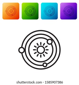 Black line Solar system icon isolated on white background. The planets revolve around the star. Set icons in color square buttons. Vector Illustration