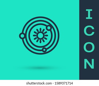 Black line Solar system icon isolated on green background. The planets revolve around the star.  Vector Illustration