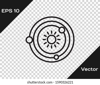 Black line Solar system icon isolated on transparent background. The planets revolve around the star.  Vector Illustration