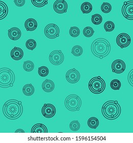 Black line Solar system icon isolated seamless pattern on green background. The planets revolve around the star.  Vector Illustration