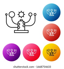 Black line Solar system icon isolated on white background. The planets revolve around the star. Set icons colorful circle buttons. Vector Illustration