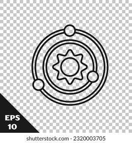 Black line Solar system icon isolated on transparent background. The planets revolve around the star.  Vector