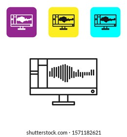 Black line Sound or audio recorder or editor software on computer monitor icon isolated on white background. Set icons colorful square buttons. Vector Illustration