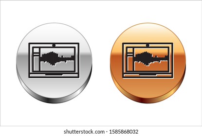 Black line Sound or audio recorder or editor software on laptop icon isolated on white background. Silver-gold circle button. Vector Illustration