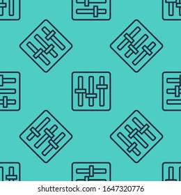 Black line Sound mixer controller icon isolated seamless pattern on green background. Dj equipment slider buttons. Mixing console.  Vector Illustration