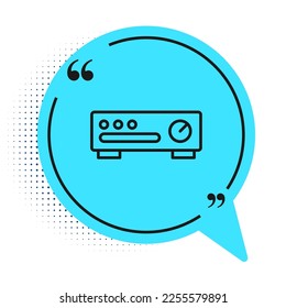 Black line Sound mixer controller icon isolated on white background. Dj equipment slider buttons. Mixing console. Blue speech bubble symbol. Vector