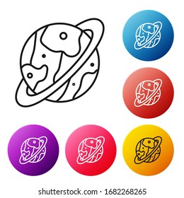 Cápsula del espacio de línea negra volviendo a la tierra a través de icono de paracaídas aislado en fondo blanco. Establezca los iconos de los botones de círculo coloridos. Ilustración vectorial