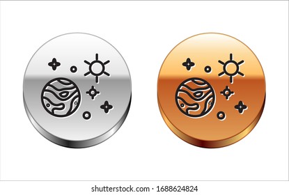 Black line Space and planet icon isolated on white background. Planets surface with craters, stars and comets. Silver-gold circle button. Vector Illustration