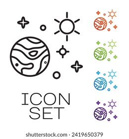 Black line Space and planet icon isolated on white background. Planets surface with craters, stars and comets. Set icons colorful. Vector Illustration