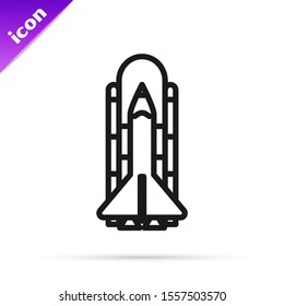Black line Space shuttle and rockets icon isolated on white background.  Vector Illustration