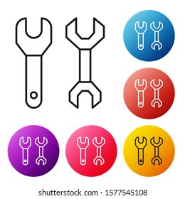 Black line Spanner icon isolated on white background. Set icons colorful circle buttons. Vector Illustration