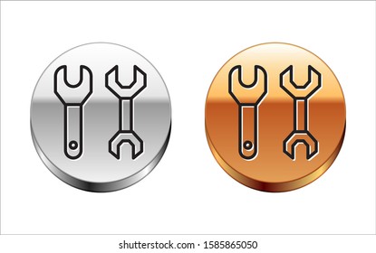 Black line Spanner icon isolated on white background. Silver-gold circle button. Vector Illustration