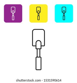 Black line Spatula icon isolated on white background. Kitchen spatula icon. BBQ spatula sign. Barbecue and grill tool. Set icons colorful square buttons. Vector Illustration