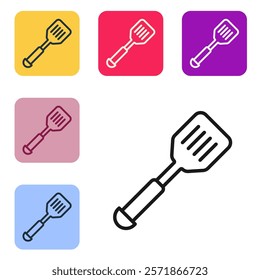 Black line Spatula icon isolated on white background. Kitchen spatula icon. BBQ spatula sign. Barbecue and grill tool. Set icons in color square buttons. Vector