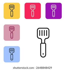 Linha preta Ícone da espátula isolado no fundo branco. Ícone da espátula da cozinha. Sinal de espátula para churrasco. Churrasco e ferramenta de grelha. Defina ícones em botões quadrados de cor. Vetor