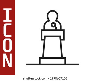 Black line Speaker icon isolated on white background. Orator speaking from tribune. Public speech. Person on podium.  Vector