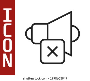Schwarze Linie Lautsprecher mute Symbol einzeln auf weißem Hintergrund. Kein Soundsymbol. Lautstärke-Aus-Symbol.  Vektorgrafik