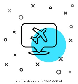 Schwarze Linie Sprachblase mit Flugreisebild Symbol einzeln auf weißem Hintergrund. Flugverkehrszeichen. Feiertage-Symbol. Zufällige dynamische Formen. Vektorillustration-Illustration