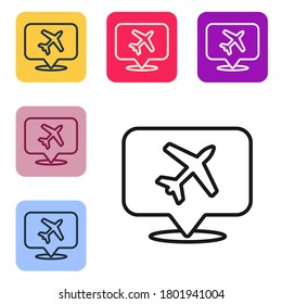 Black line Speech bubble with airplane travel icon isolated on white background. Plane flight transport sign. Holidays symbol. Set icons in color square buttons. Vector Illustration