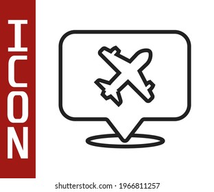Black line Speech bubble with airplane travel icon isolated on white background. Plane flight transport sign. Holidays symbol.  Vector