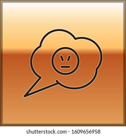 Black line Speech bubble with angry smile icon isolated on gold background. Emoticon face.  Vector Illustration