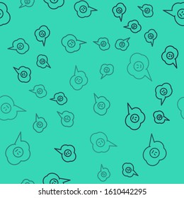 Black line Speech bubble with angry smile icon isolated seamless pattern on green background. Emoticon face.  Vector Illustration