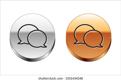 Black line Speech bubble chat icon isolated on white background. Message icon. Communication or comment chat symbol. Silver-gold circle button. Vector Illustration