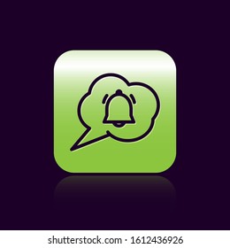 Black line Speech bubble with chat notification icon isolated on black background. New message, dialog, chat, social network notification. Green square button. Vector Illustration