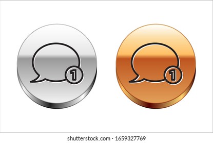 Black Line Speech Bubble Chat Symbol einzeln auf weißem Hintergrund. Nachrichtensymbol. Chat-Symbol für Kommunikation oder Kommentar. Silbergoldknöpfe. Vektorillustration-Illustration