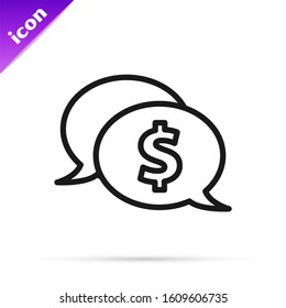 Black line Speech bubble with dollar icon isolated on white background. Badge for price. Sale with dollar symbol. Promo tag discount.  Vector Illustration