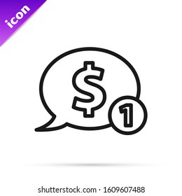 Black line Speech bubble with dollar icon isolated on white background. Badge for price. Sale with dollar symbol. Promo tag discount.  Vector Illustration