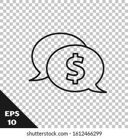 Black line Speech bubble with dollar icon isolated on transparent background. Badge for price. Sale with dollar symbol. Promo tag discount.  Vector Illustration