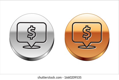 Burbuja de la línea negra del discurso con icono del dólar aislado en fondo blanco. Insignia por el precio. Venta con símbolo de dólar. Descuento de etiquetas promocionales. Botón del círculo dorado plateado. Ilustración vectorial
