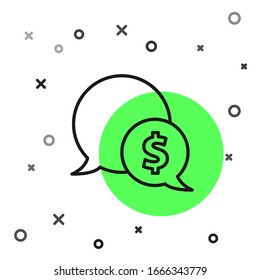 Black line Speech bubble with dollar icon isolated on white background. Badge for price. Sale with dollar symbol. Promo tag discount.  Vector Illustration