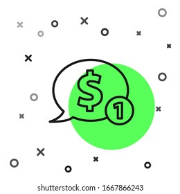 Black line Speech bubble with dollar icon isolated on white background. Badge for price. Sale with dollar symbol. Promo tag discount.  Vector Illustration