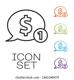 Black line Speech bubble with dollar icon isolated on white background. Badge for price. Sale with dollar symbol. Promo tag discount. Set icons colorful. Vector Illustration