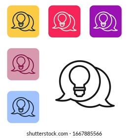 Schwarze Linie Sprechblase und Glühbirne mit Konzept der Idee Symbol einzeln auf weißem Hintergrund. Energie- und Ideensymbol. Die Symbole werden in den Tasten für das Farbquadrat eingestellt. Vektorillustration-Illustration