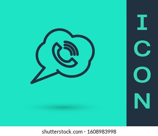 Black line Speech bubble with phone call icon isolated on green background.  Vector Illustration