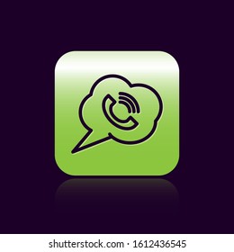 Black line Speech bubble with phone call icon isolated on black background. Green square button. Vector Illustration