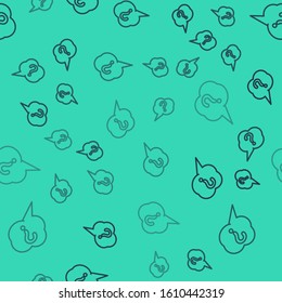 Black line Speech bubble and Question icon isolated seamless pattern on green background. FAQ sign. Copy files, chat speech bubble and chart.  Vector Illustration