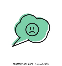 Black line Speech bubble with sad icon isolated on white background. Emoticon face.  Frown Vector Illustration