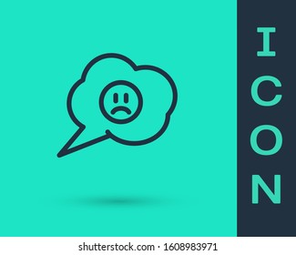 Black line Speech bubble with sad smile icon isolated on green background. Emoticon face.  Vector Illustration