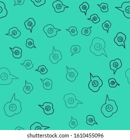 Black line Speech bubble with sad smile icon isolated seamless pattern on green background. Emoticon face.  Vector Illustration