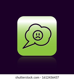 Black line Speech bubble with sad smile icon isolated on black background. Emoticon face. Green square button. Vector Illustration